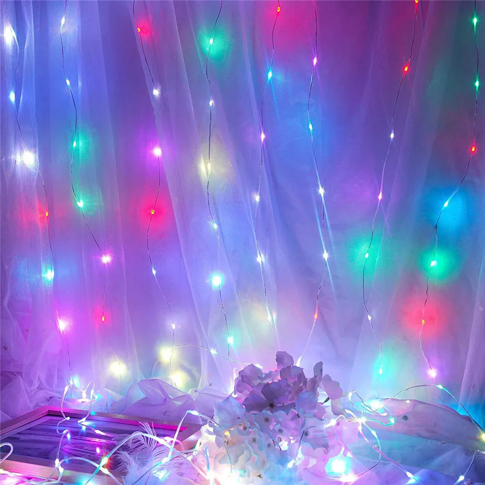 NEW 3*3m RGB 16 Color String Lights Fairy Curtain Lights USB Remote Control Garland for Christmas Window Wedding Party Decor