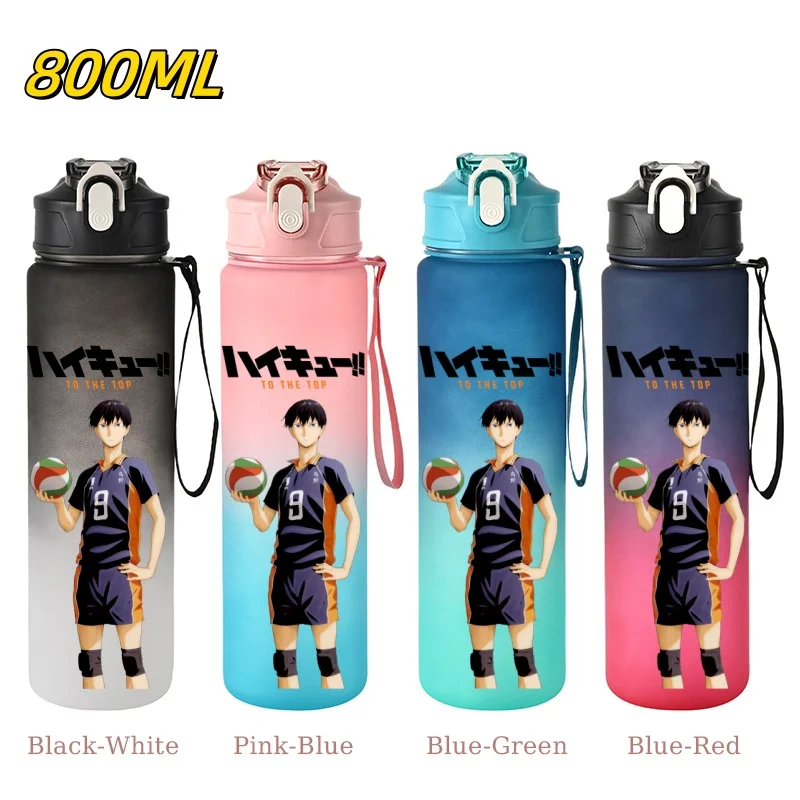 Botella de agua deportiva de gran capacidad Haikyuu de 800ML con pajita, vaso de plástico colorido a prueba de fugas para gimnasio, deportes al aire libre, Camping