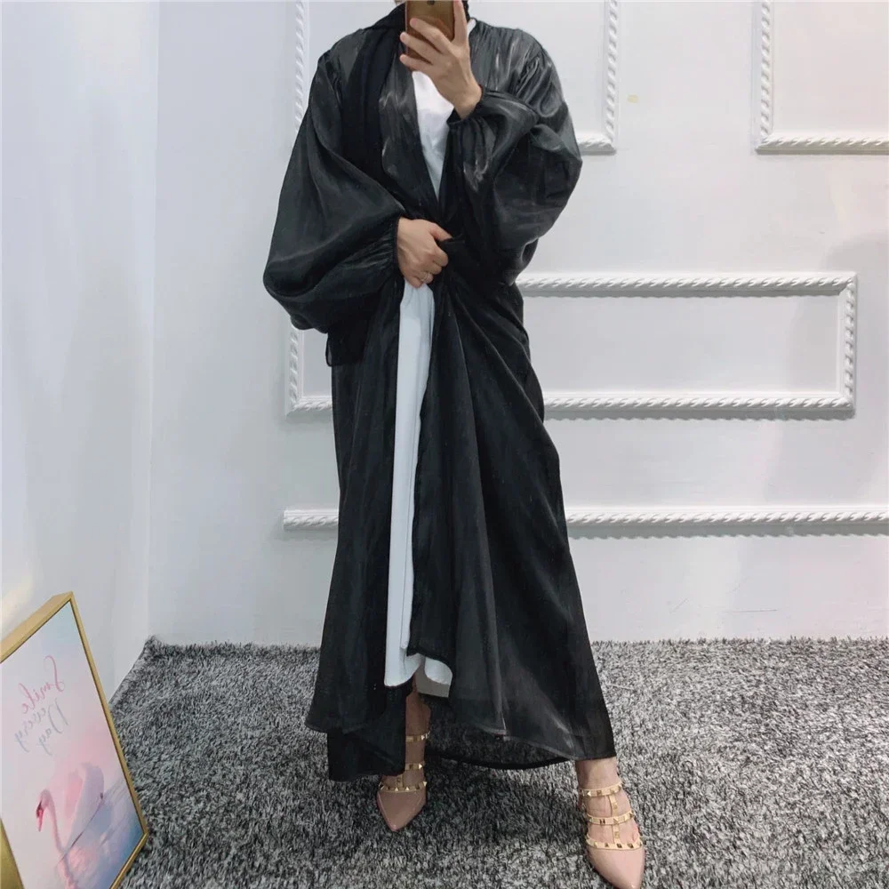 Eid Ramadan Abaya Satin femmes ouvert Kimono Cardigan Maxi Robe caftan dubaï musulman manches bouffantes islamique turquie arabe Robe Robe