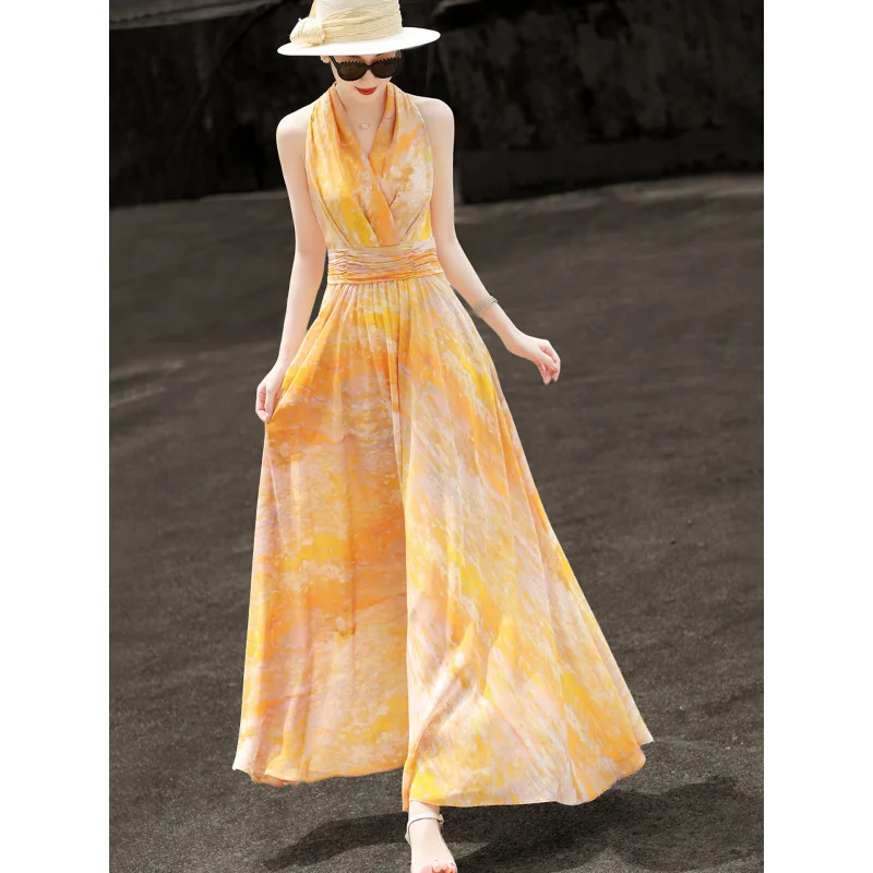 MEXCOCO 2026 New Summer South France Resort Halter Neck Sleeveless Gradient Print Chiffon Maxi Dress Slim Waist Holiday Sundress