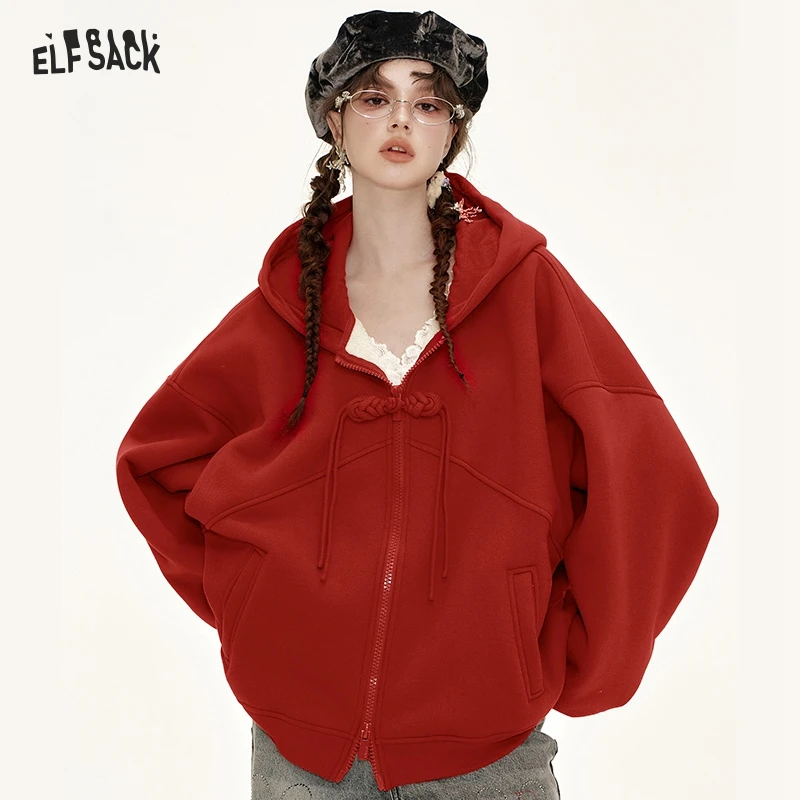 

ELFSACK 2024 Winter New Arrivals neo-Chinese style button red hooded sweatshirt cardigan women