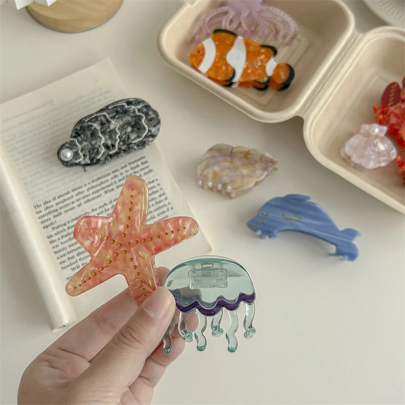 1Pc Women Cute Starfish Hair Clip Cartoon Acetate Octopus Hairclaw Girls Kids Hairpin Jellyfish Shell Hair Jewelry Summer Gift