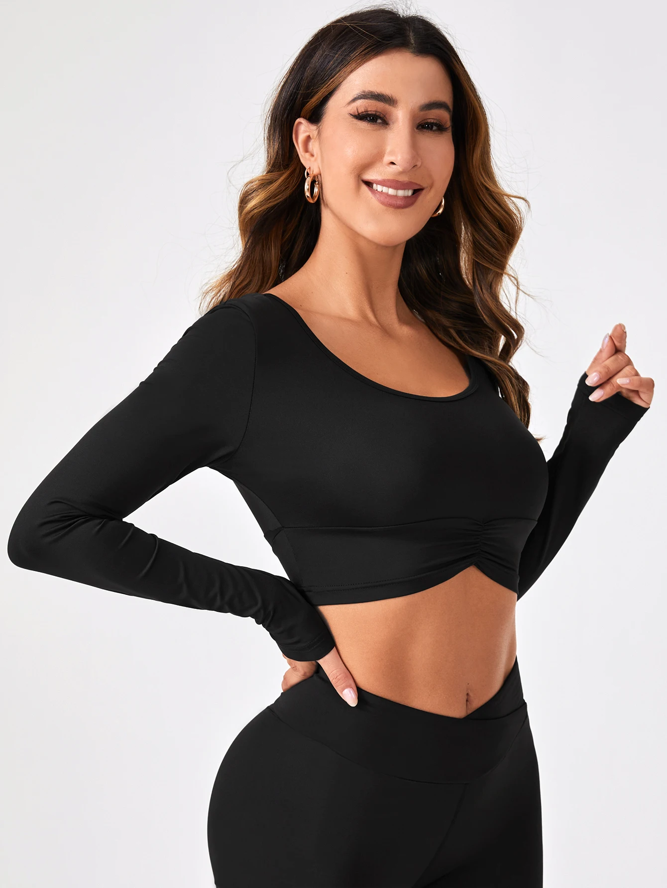 Long Sleeve Solidcolor Yoga Pilates Shirts for Women Quick Dry Elastic Slim Fit Crop Top Running Workout Breathable Sportswear