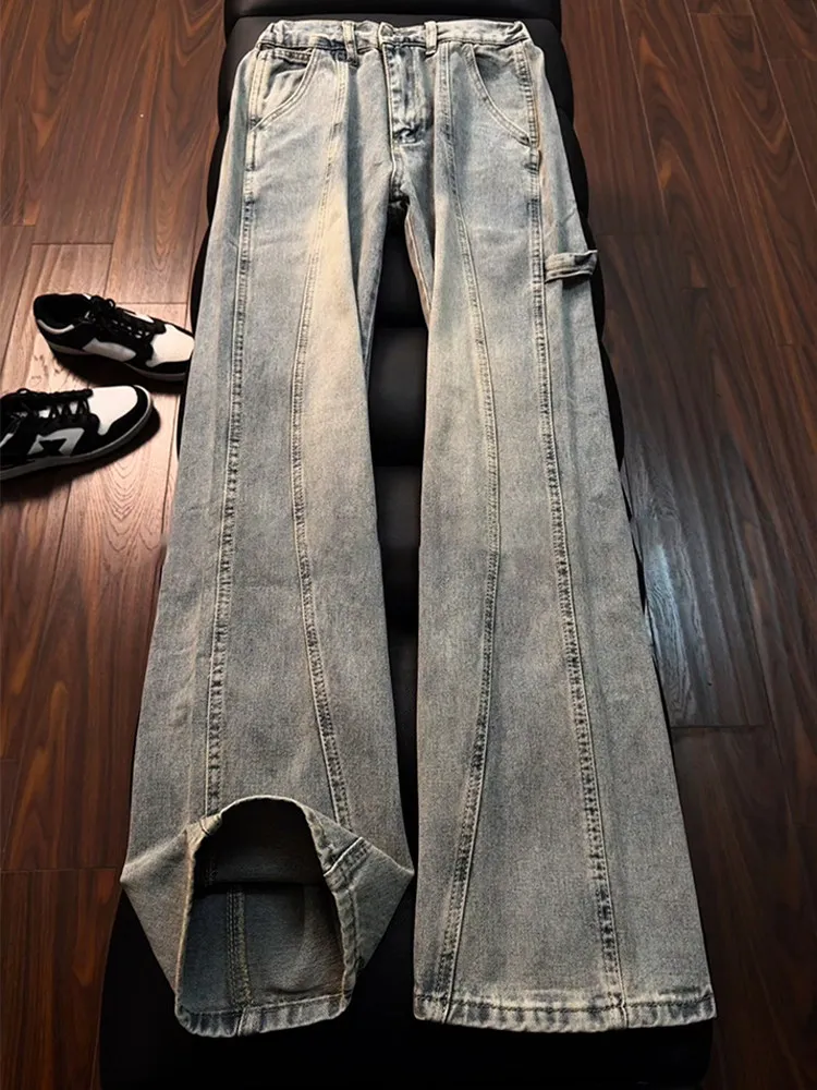 

Cleanfit Blue Washed Workwear Jeans Men's High Waist Straight Leg Micro Flared Pants mid Rise Denim Fabric Spring Season