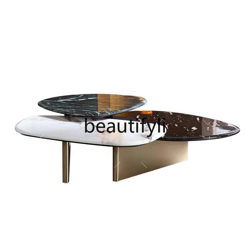 

High-grade special-shaped marble coffee table color matching personalized stainless steel high and low coffee table combination