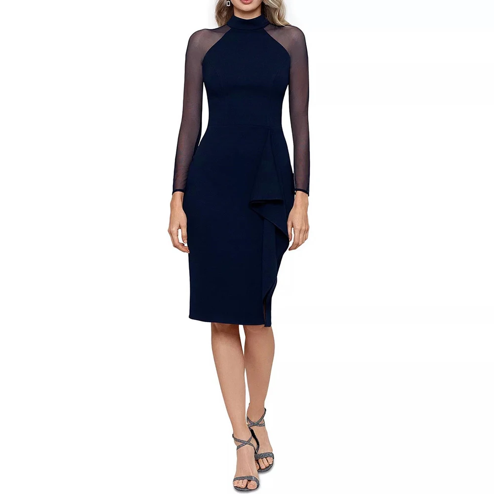 

Classic Dark Blue Jersey Pleat Evening Dress Long Sleeves Saudi Arabia Crew neck Knee Length Straight Vestido De Festa for Women