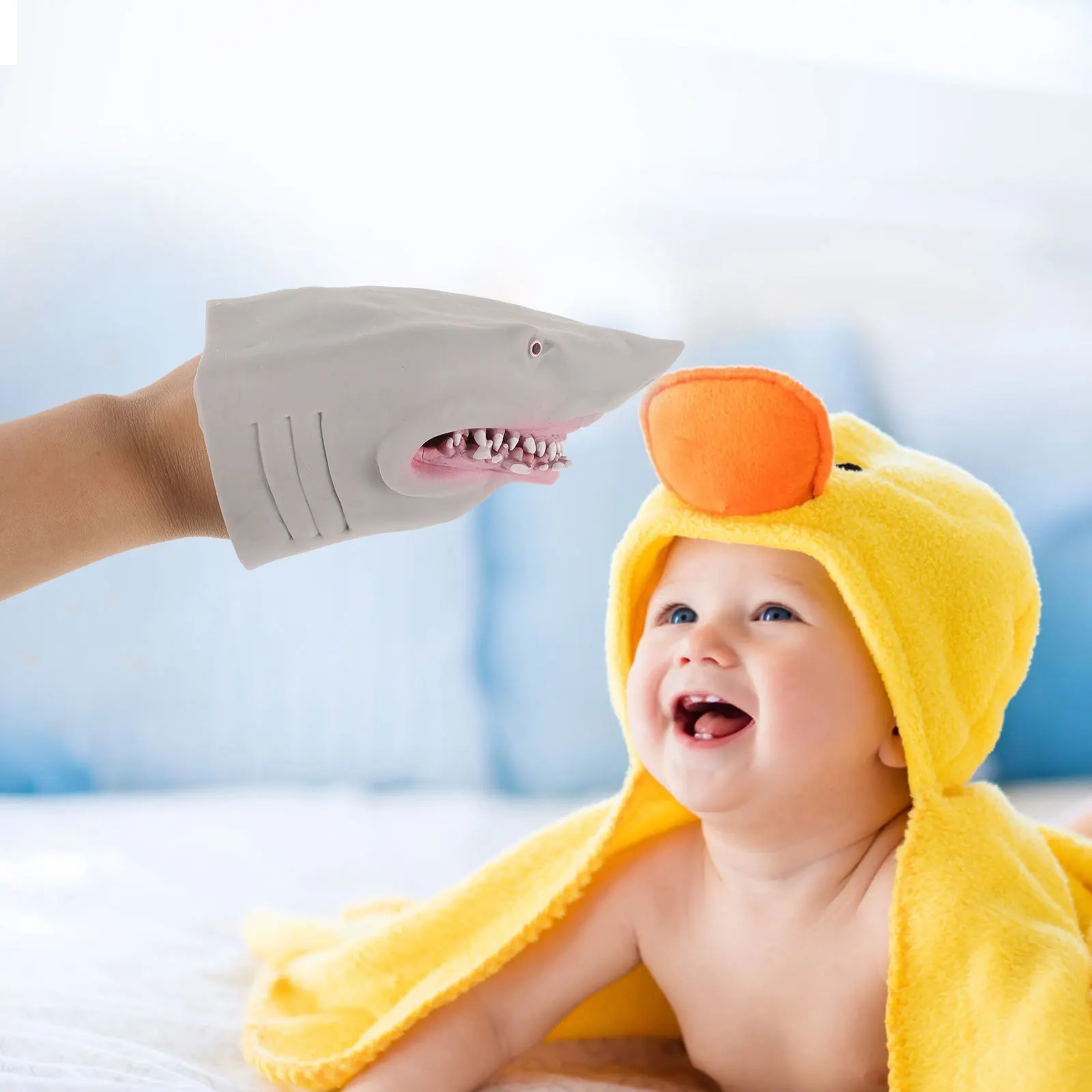 หุ่นมือรูปฉลาม 1 ชิ้น ของเล่นเด็กแบบอินเทอร์แอคทีฟ ธีมมหาสมุทร ถุงมือจำลองสำหรับเล่านิทาน สนุกสนาน เรียนรู้ การสื่อสาร