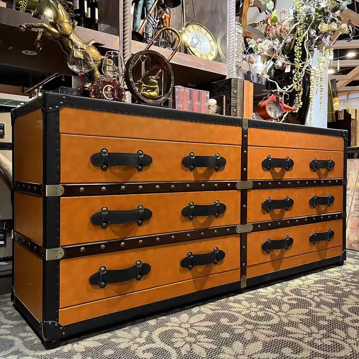 French retro style oil wax genuine leather chest of drawers, second-hand cigar bar room storage cabinet