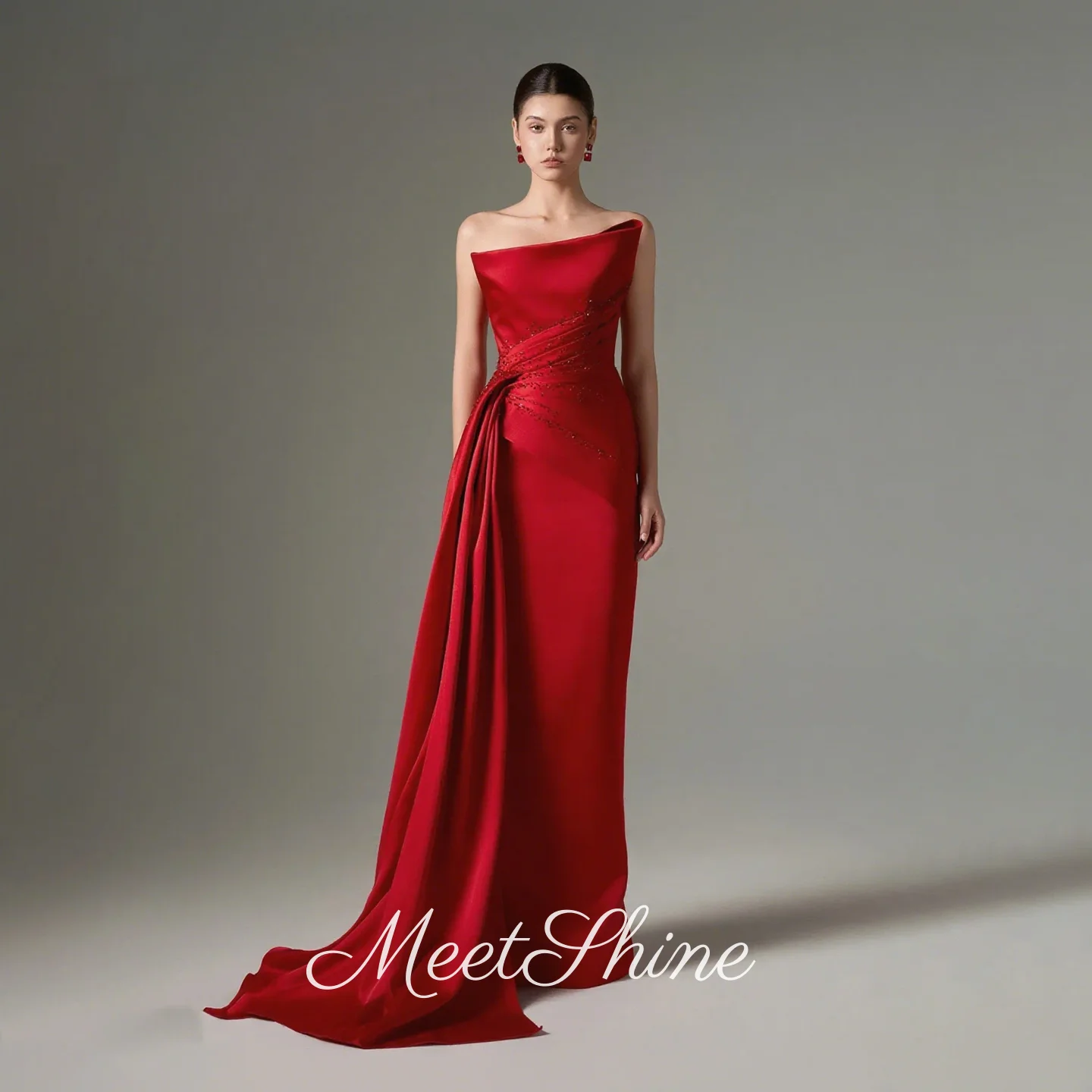 

Dubai Red Strapless Satin Long Straight Evening Dress Exquisite Back Slit Pleat Crystals Prom Dress Wedding Dress Customized