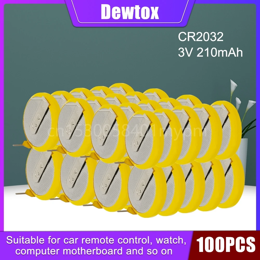 100PCS Dewtox CR2032 3V Lithium Battery In Line Horizontal Solder Pin Battery for Electronic Meter, Computer Motherboard