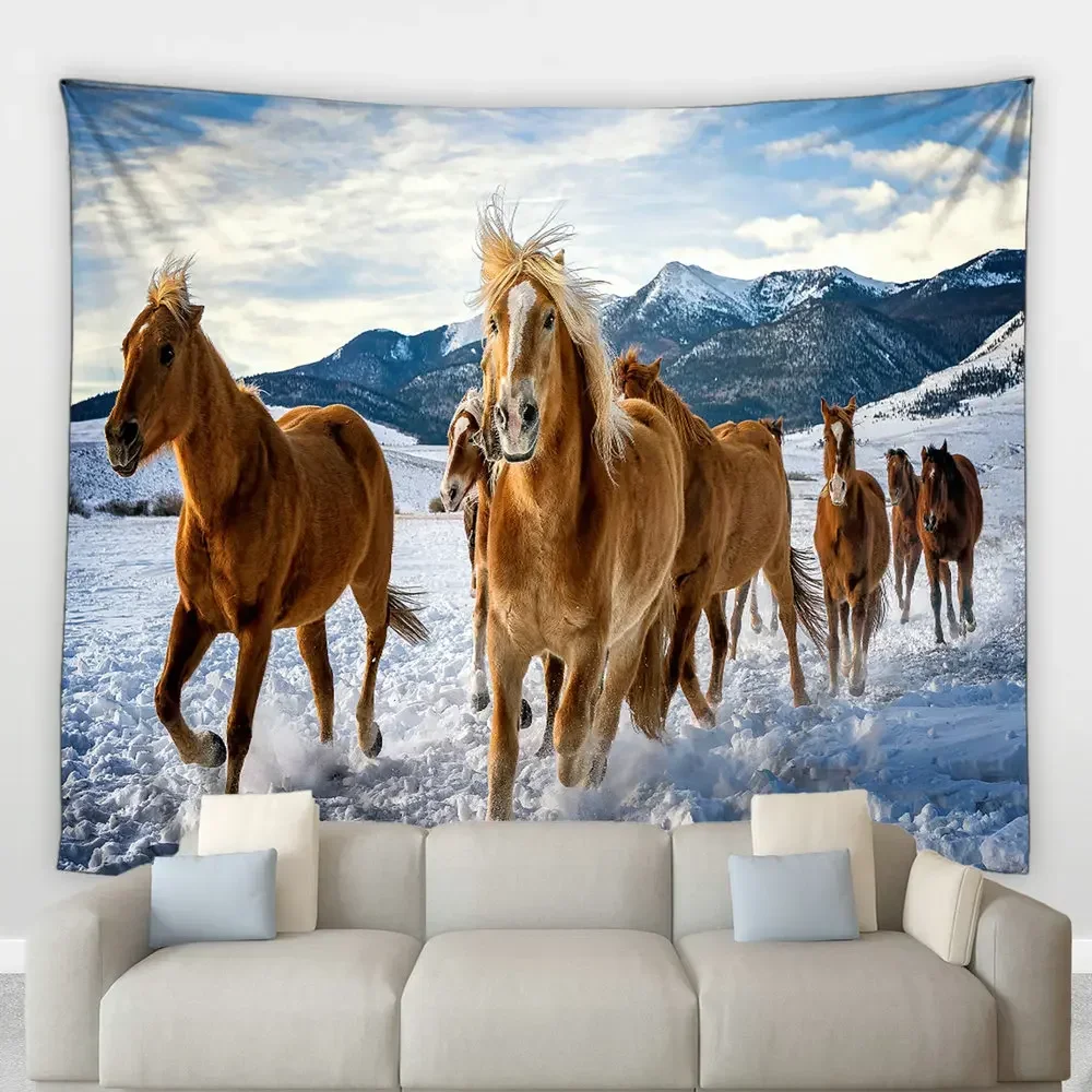 Run Steed Horse Hippie Tapestry Wild Animal Winter Snow Ocean Nature Scenery Wall Hanging Cloth Living Room Bedroom Home Decor