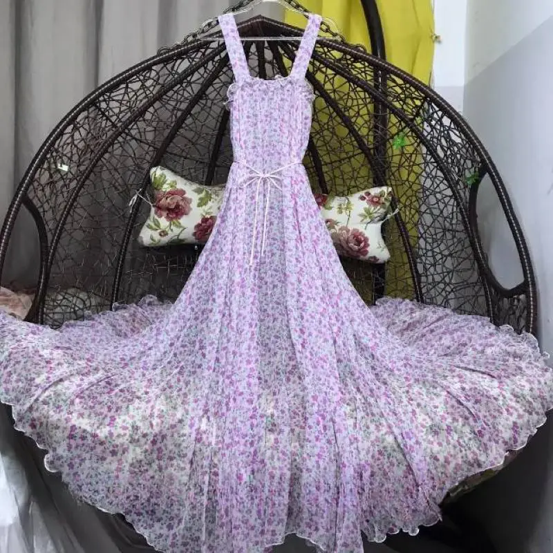 

Man's Sexy Silk See Through Print Sissy Ruffled Suspender Long Dress Women Silky Touch Soft Glossy Loose Maxi Dresses Robe