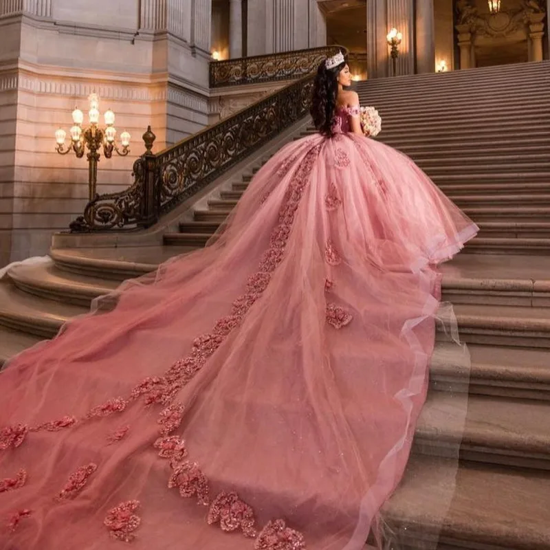 Vestido De quinceañera mexicana con hombros descubiertos, Vestido rosa De lujo con apliques De cuentas, vestidos De fiesta De cumpleaños De los años XV, dulce 16, 2024