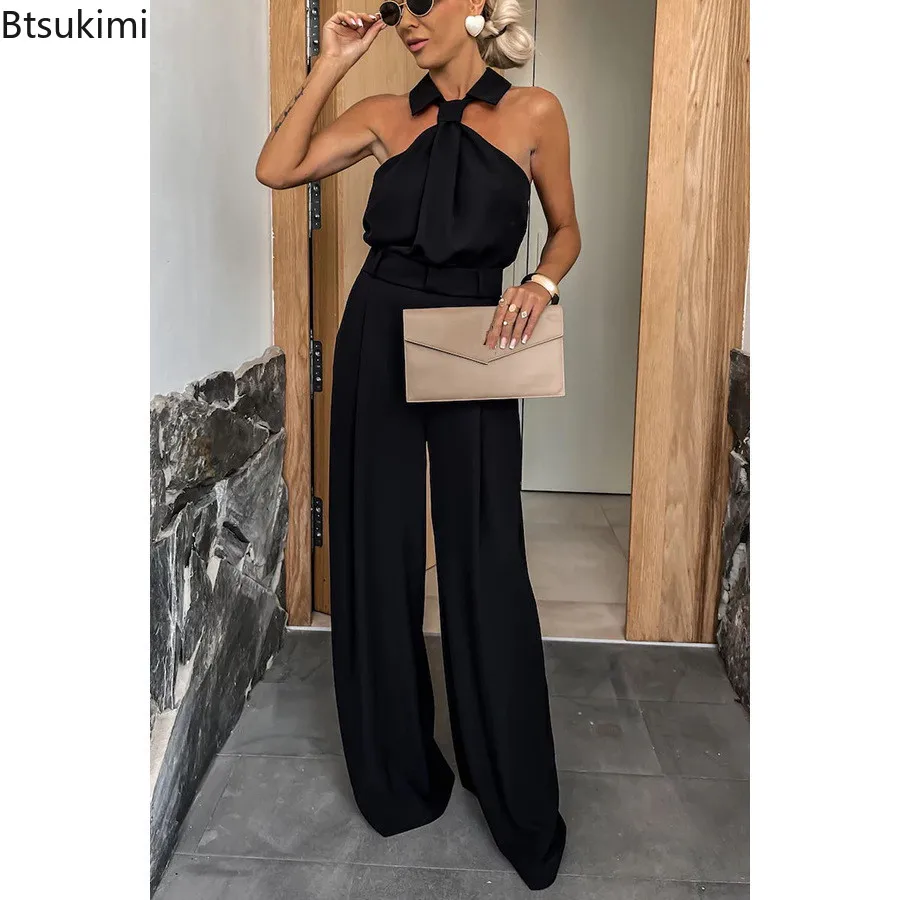 2024 Women Elegant Jumpsuits Fashion Sleeveless High Waist Halter One Piece Wide Leg Pants Summer Casual Vacation Rompers Femme