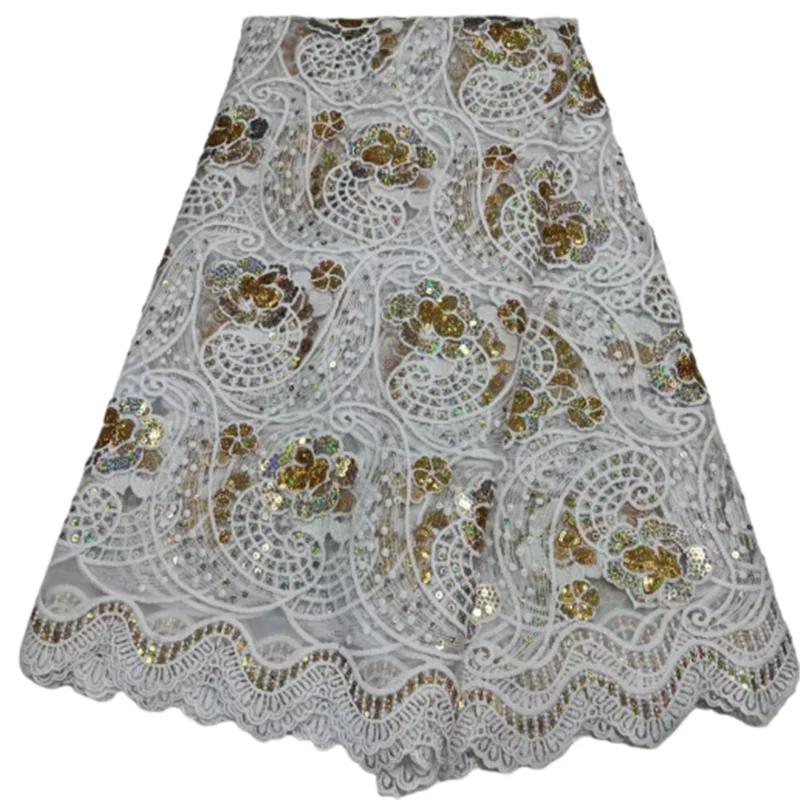 

2022 5 Yard White Wedding French Lace Fashion Design Shiny Sequins Embroidery African Tulle Lace Fabric Nigerian dress