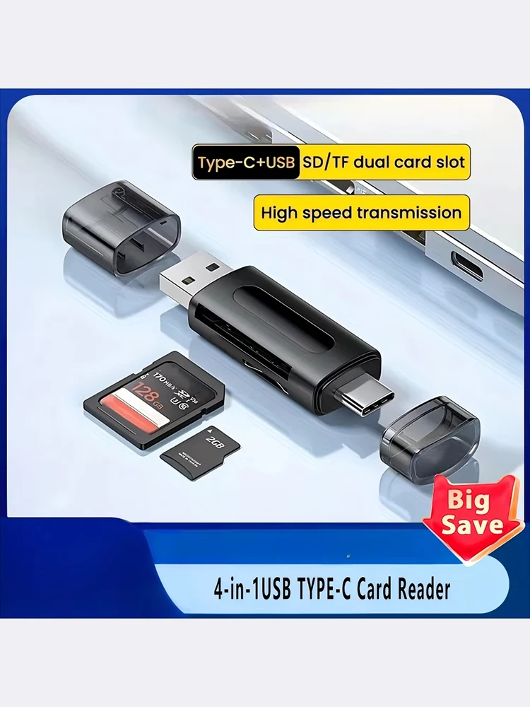 

Mini SD TF Card 4-in-1 Multifunction USB Type-C Card Reader, External Storage, Black, Expandable, Compatible with USB 2.0