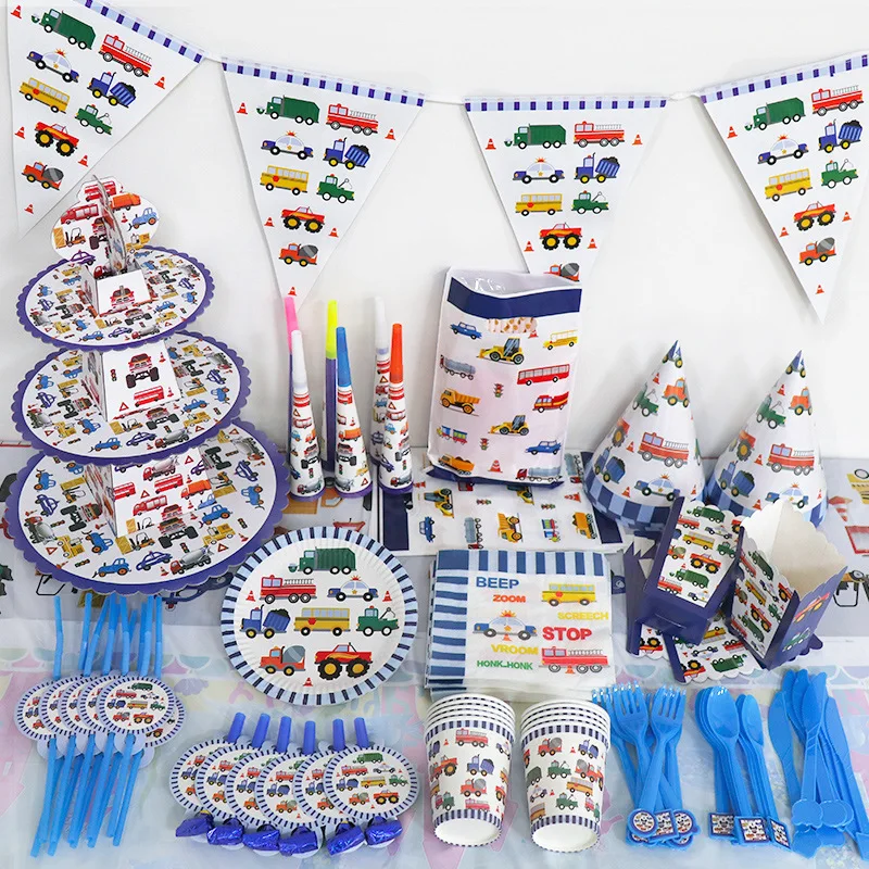 Disney Construction Truck Construction Truck Excavator Banner Cake Decoration Party Decoration Disposable Tableware Set