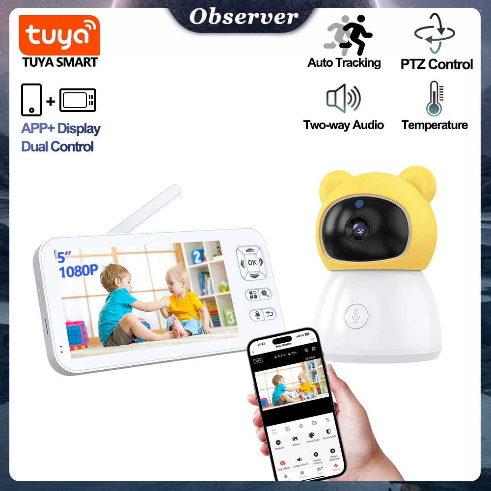 2K 3MP,Tuya Smart Baby Monitor com ecrã portátil de 5 polegadas, rastreio automático, visão nocturna automática, câmara para crianças, artigos para recém-nascidos