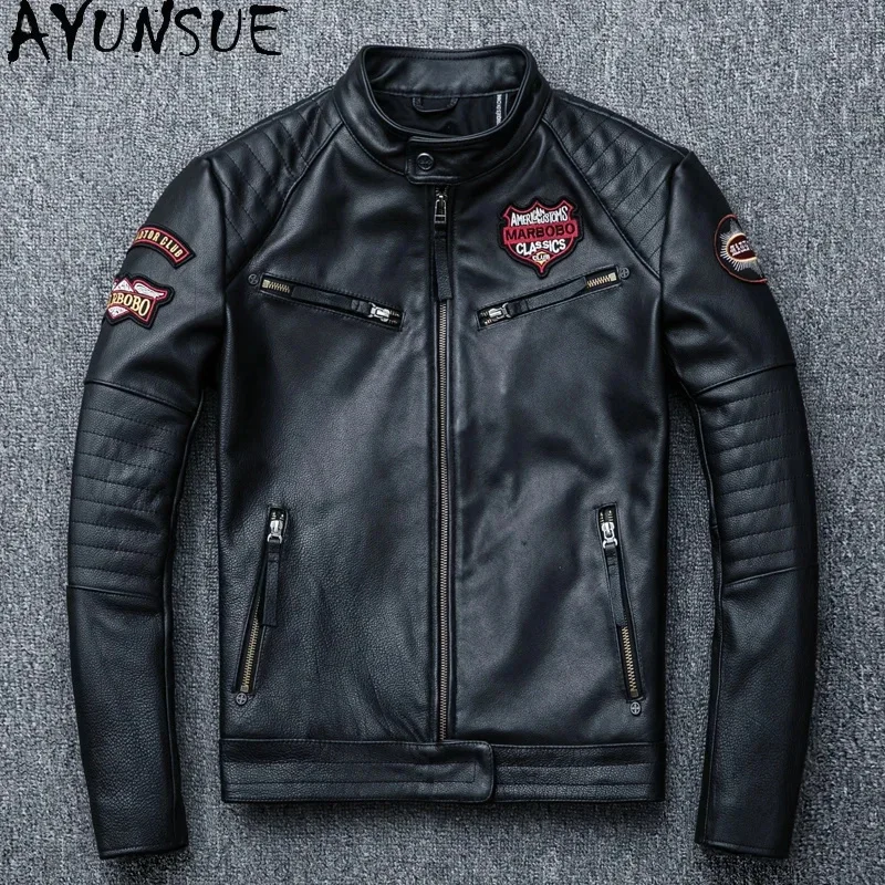 AYUNSUE Handsome Motorcycle Jacket Cowhide Genuine Leather Mens Clothing Autumn Coats Jaquetas Masculina De Couro Slim Fit