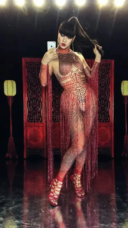 Sparkly red Rhinestones Jumpsuit Female Singer Stage Wear Long Tassel Bodysuit One-piece Costume Glisten Stones outfit