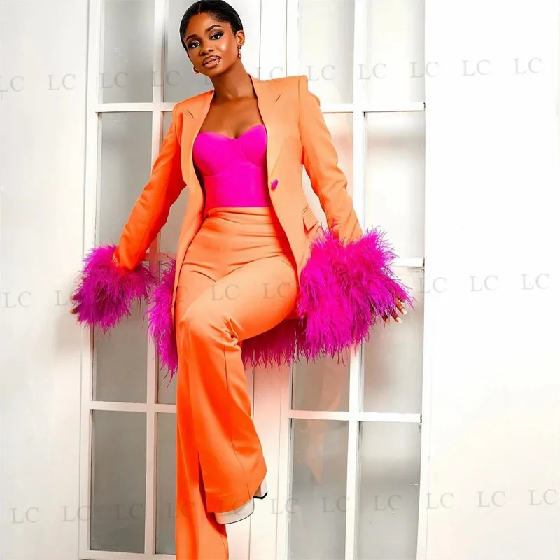 Feather Slim Orange One Button Women Suits 3 Pieces Blazer Pants Peaked Lapel Tuxedo Prom Party Formal Plus Size Costume Homme