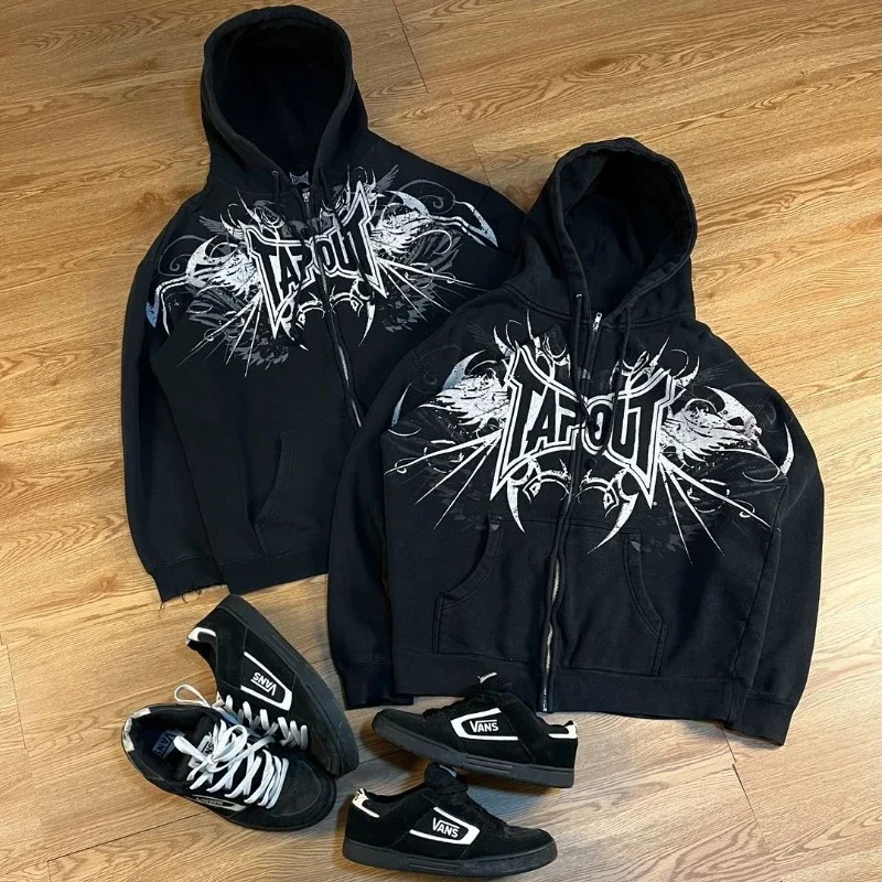 

Y2K Fashion Tapout Zipper Hooded Sweater Retro Hip-hop Letter Printing Oversized Black Hooded Sweater Men And Women Gothic Tops