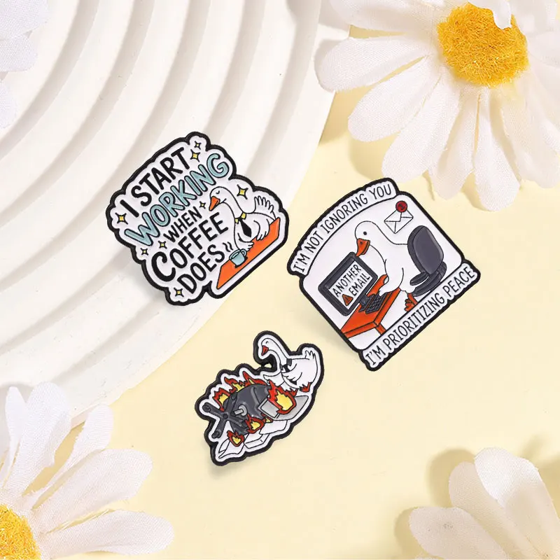 Humor Office Work Goose Badge Enamel Pin Cartoon Coffee Goose Ignoring Emails Prioritizing Peace Brooch Jewelry Gift for Friends