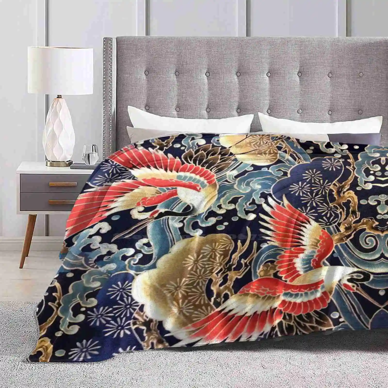 Flying Cranes , Flowers , Sea Waves Red Navy Blue Floral Soft Warm Light Thin Blanket Animals Flowers Floral Flower Balls Red