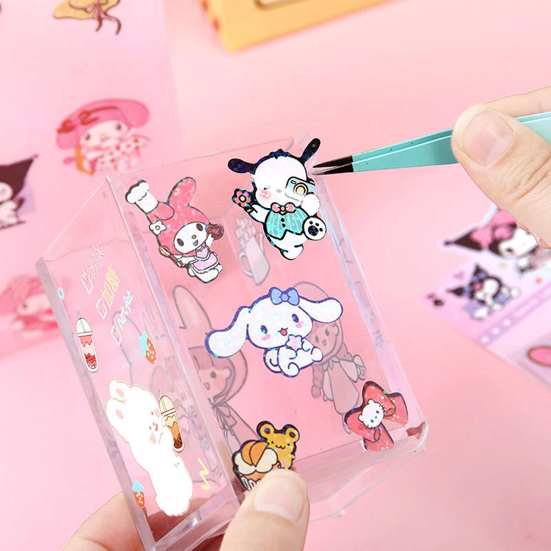 DIY dekorasi anak-anak mainan stiker kartun Hello Kitty Cinnamoroll Kuromi My Melody Laser stiker alat tulis