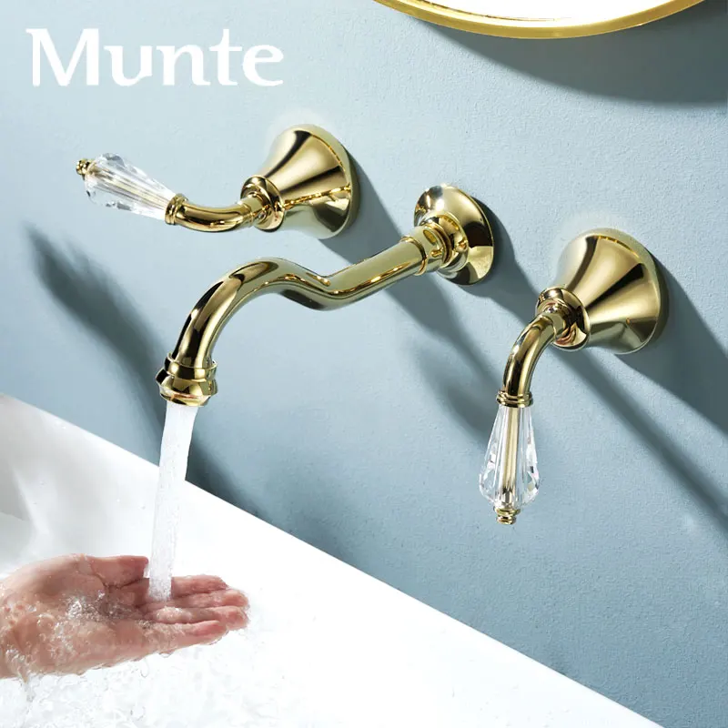 

European gold crystal French retro concealed installation embedded in wall basin hot and cold three hole faucet