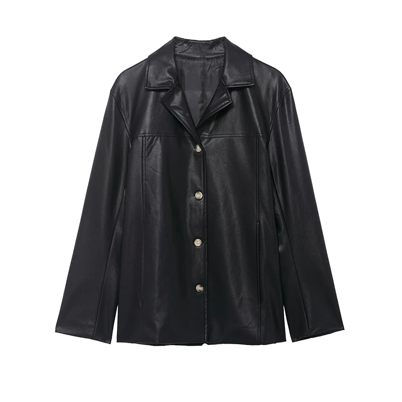 Willshela Damska Moda PU Czarne Jednorzędowe Kurtki Vintage z Klapami Długie Rękawy Eleganckie Stroje Damskie
