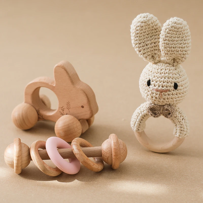 3pc Montessori Baby Educational Toy Set Baby Rattle Teether Animal Crochet Rattle Elephant Rabbit Lion Toy Rattle Teething Toys