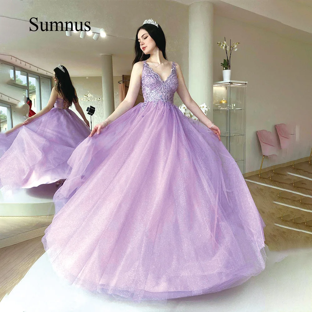 

Sumnus Light Purple Glitter A Line Party Ball Gowns Appliques Sexy V Neck Soft Tulle Backless Homecoming Prom Dresses Lace Up