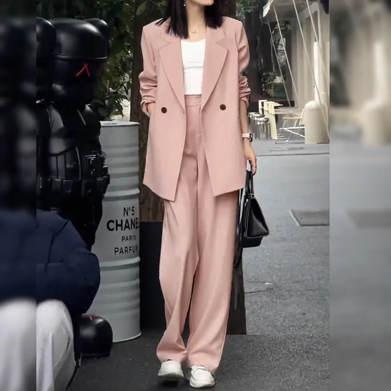 SuperAen Spring and Autumn New Women's Oversize Full Length Wide-leg Pants Pink Notched Loose Blazer Two-piece Sets