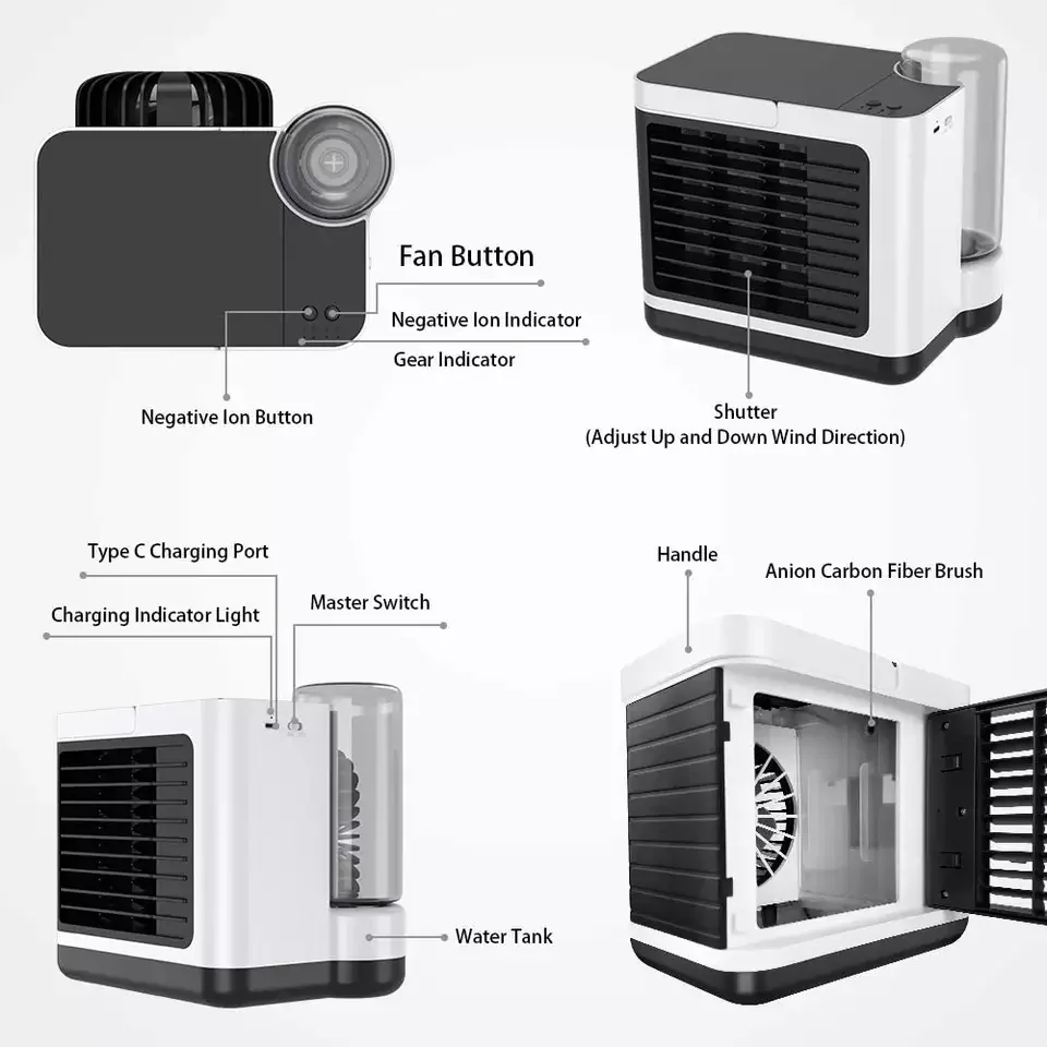 Portable Mini Negative Ion 3-Speed Air Conditioner Fan Battery Powered Plastic Wireless for RV & Hotel Use