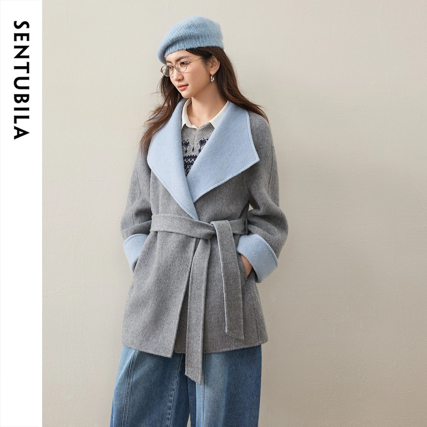 SENTUBILA Women's Winter Jacket Mid Length 2026 Elegant Double Faced Wool Coat Color Block Belted Warm Wool Outerwear W64OC7623