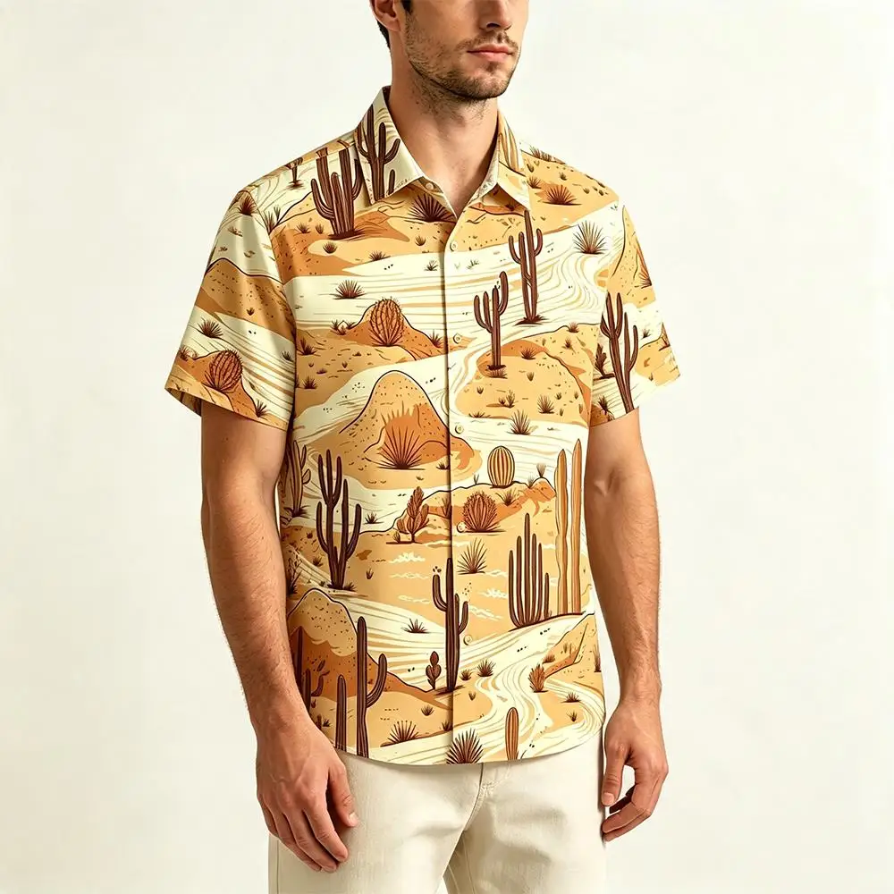 Men's Hawaiian Shirt Vintage Desert Cactus 3D Print Lapel Button Up Shirts Summer Casual Western Landscape Beach Vacation Blouse