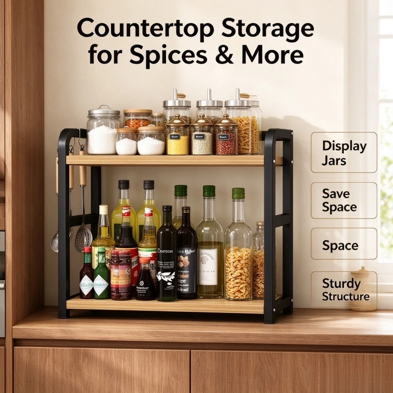 Stocking Stuffers 1pc 2-Tier Metal Countertop Shelf, Space Saving Kitchen Organizer for Coffee Mugs & Condiments, Rustproof Coun