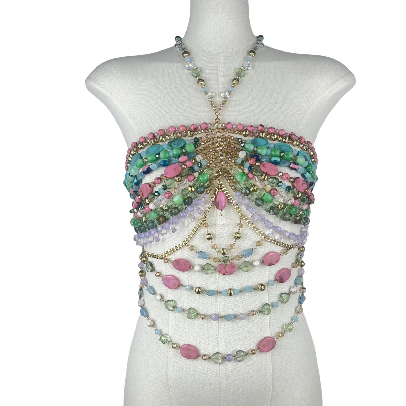 

European And American-Style Colorful Irregular Acrylic Body Chain For Women, Fashionable And Sexy Openwork Backless Halter Top