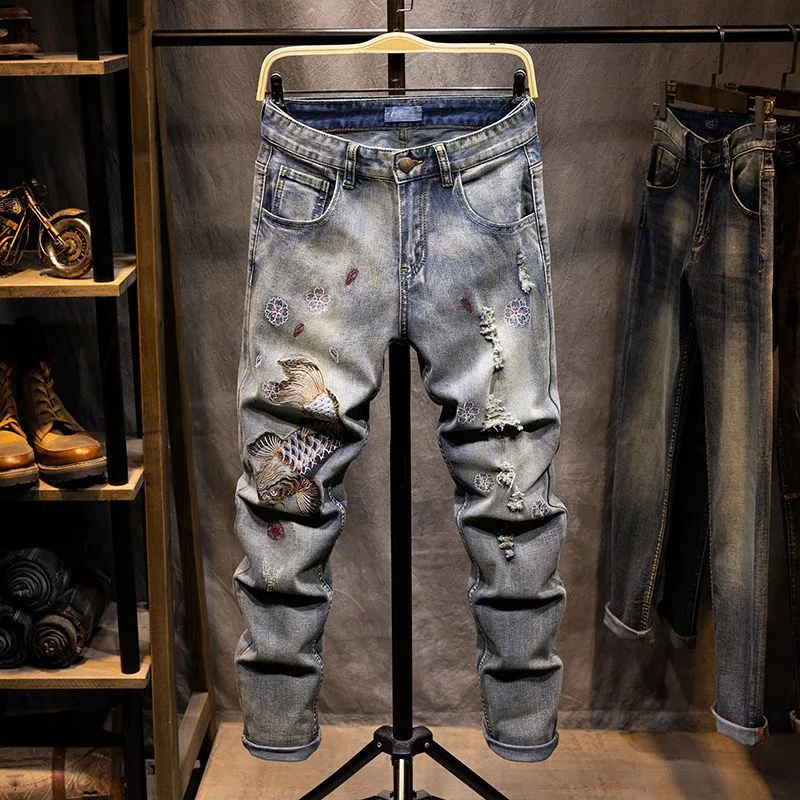 Autumn and Spring New Fashion Trend Embroidery Ripped Straight Leg Jeans Men's Casual Sports Vintage High Quality Denim Pants