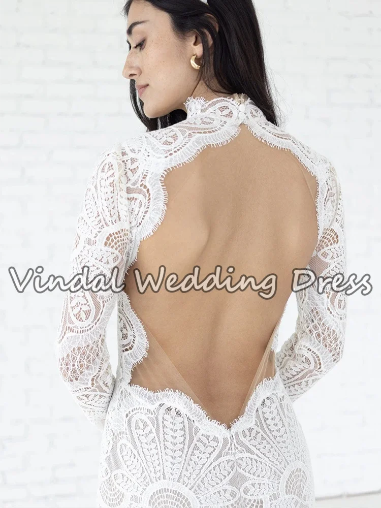 Vindal Boho Lace Wedding Dress Backless High Neck Long Sleeve Bridal Gown Vestido de Novia Bohemio Sirena Brautkleid