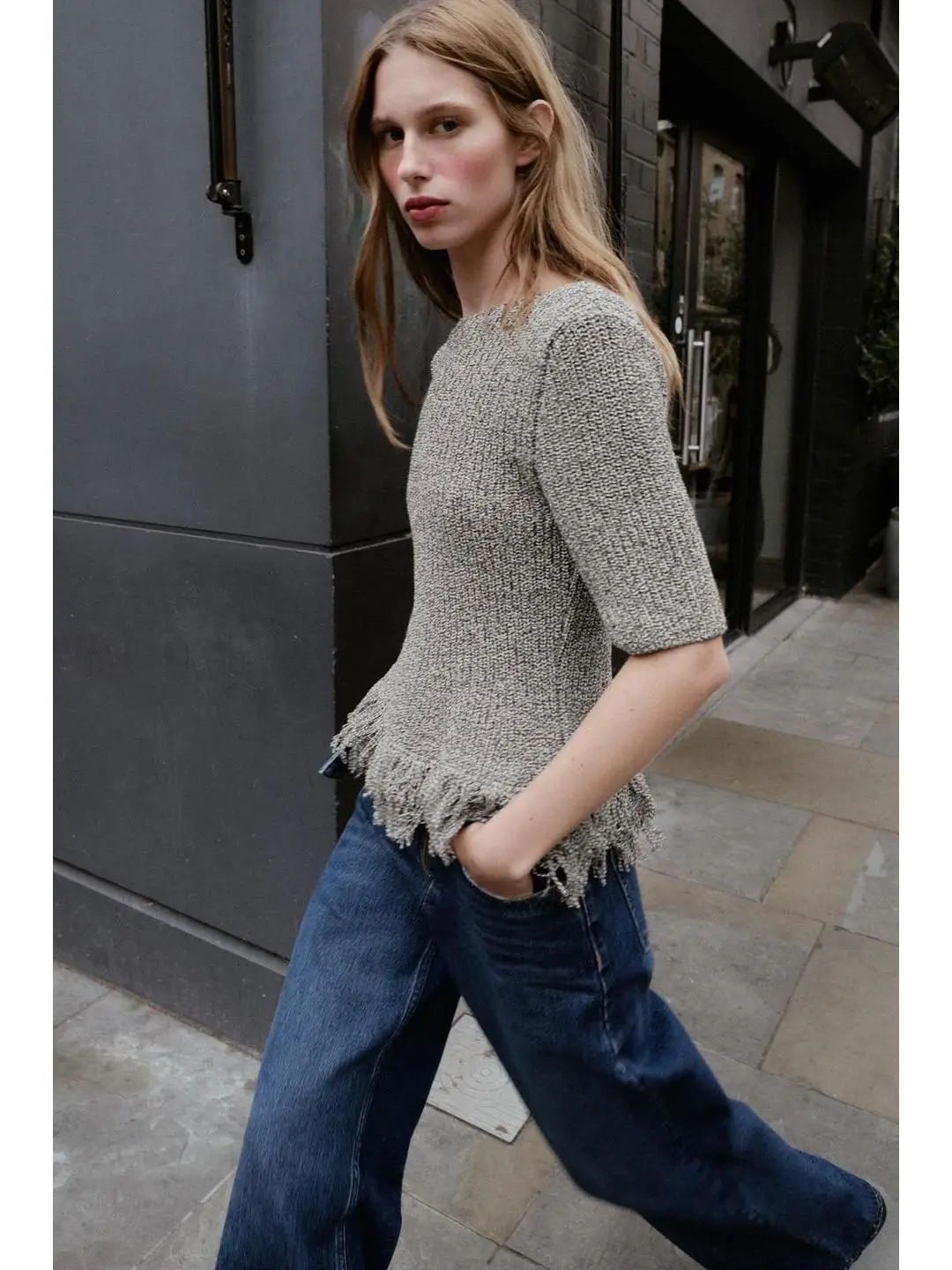 

Casual Sle Knitted ort Sve round Ne T Top with Fringe Trim Work Warehouse ip Autumn Collection Ladies Faion
