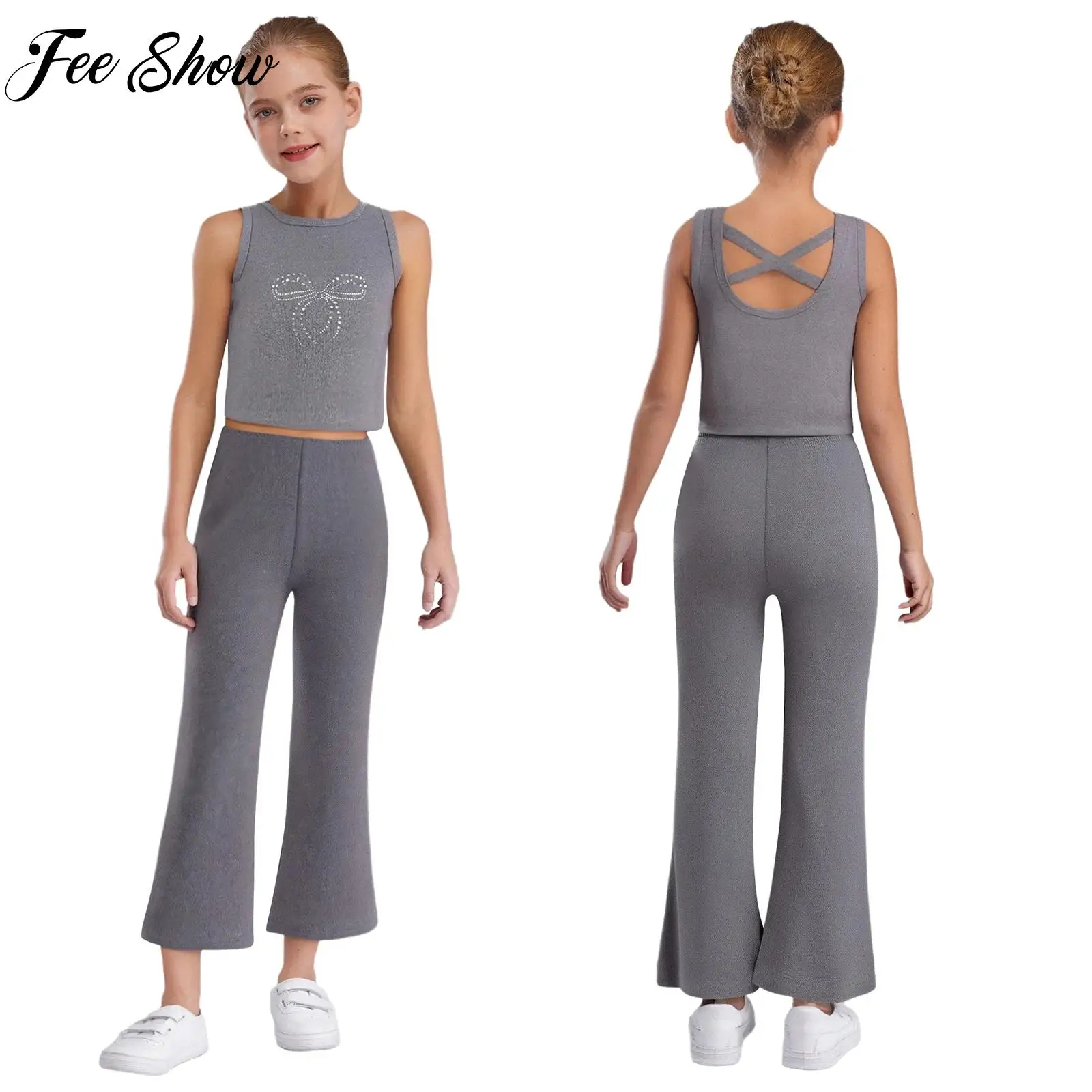 Sleeveless Casual Sports Set for Kids Girls Cross Back Crop Tank Top Vest+Pants 2-piece Set for Yoga Workout Exercise Sportswear