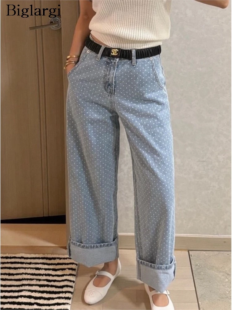 Jeans Polka Dot Print Spring Autumn Long Straight Pant Women High Waist Fashion Ladies Trousers Loose Pleated Korean Woman Pants