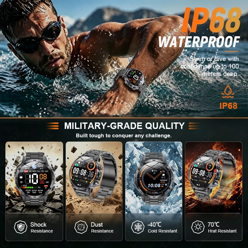 New 1400mAh Big Battery Smart Watch Men Outdoor LED Flashlight IP68 Waterproof Bluetooth Call Watches Military Sports Smartwatch