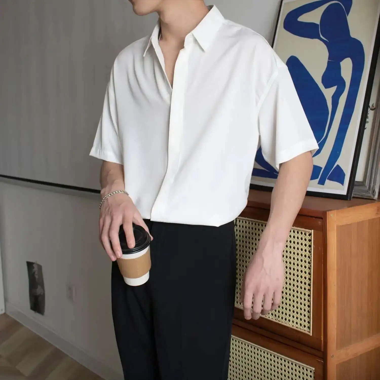 

Office Shirts Short Sleeve Male Top Men's Blouse Collar Korean Style Luxury Summer Original Silk Shirts