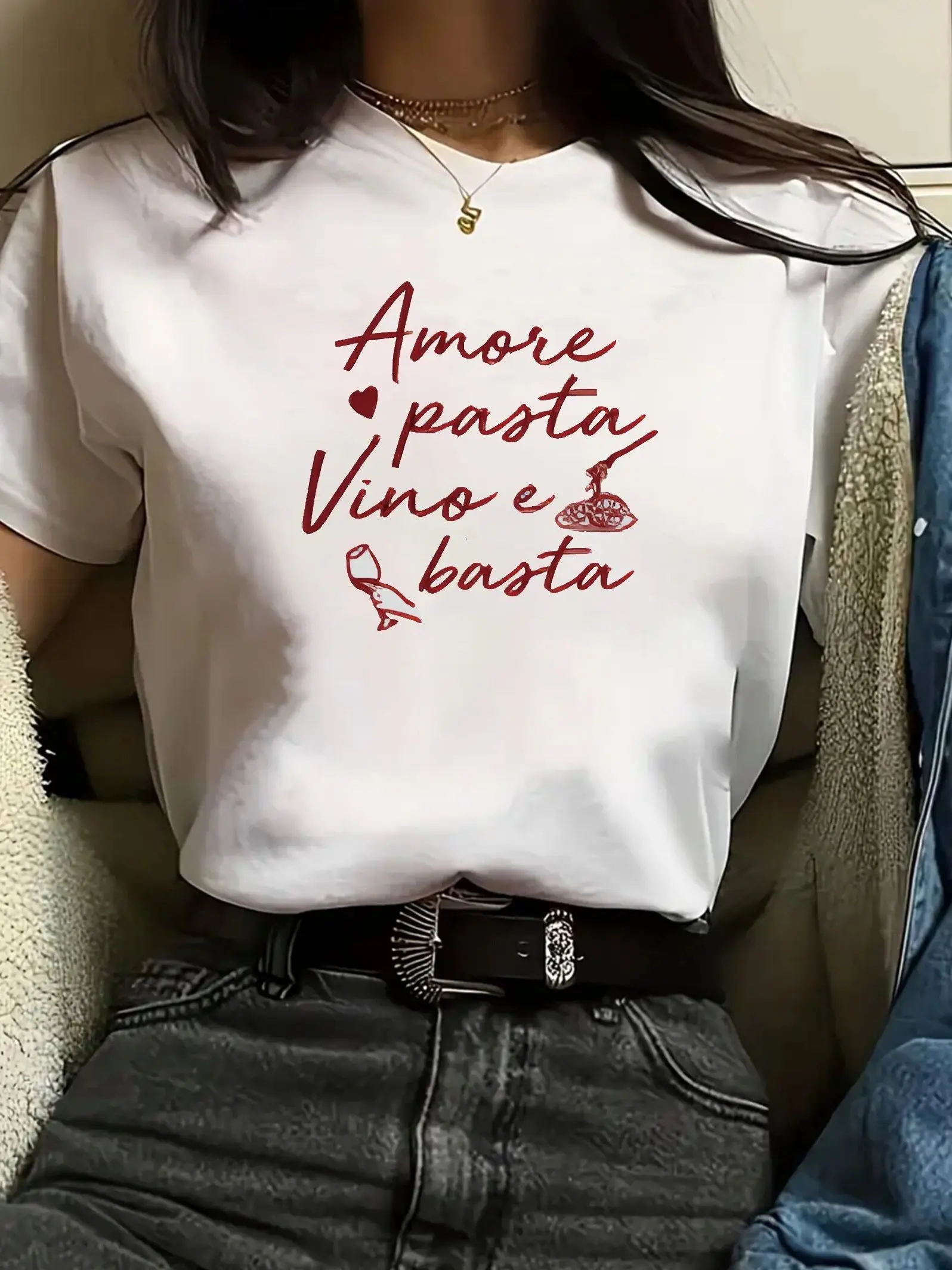 This Sleeved T-Shirt for Women Features An Italian Culinary Theme Crafted From Pure Printed Text About Love Pasta and Wine