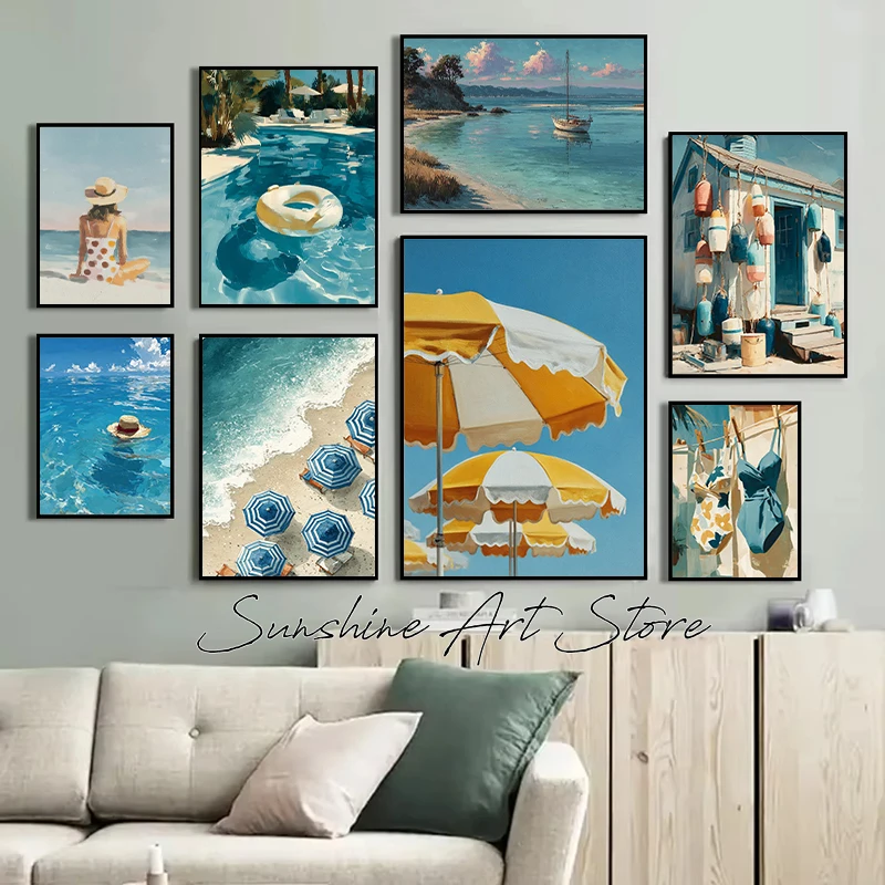 Sunbathers Beach Coastal Ocean Blue Nautical Seascape Summer Swimsuits Painting Poster Canvas Painting Wall Pictures Home Decor