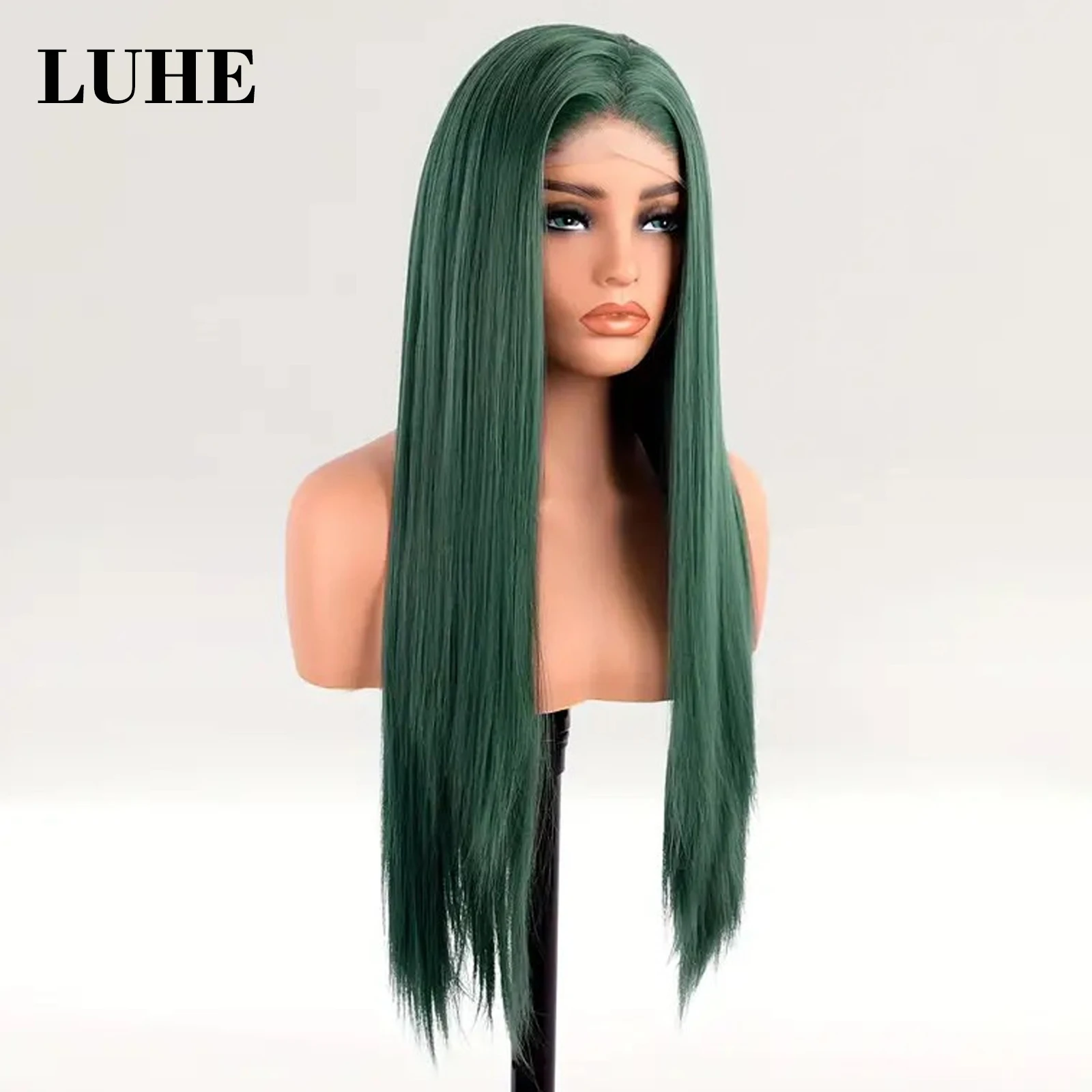 Verde escuro sintético 13x3 peruca dianteira do laço para preto feminino cosplay 26 Polegada longa reta laço frontal peruca de cabelo de fibra resistente ao calor