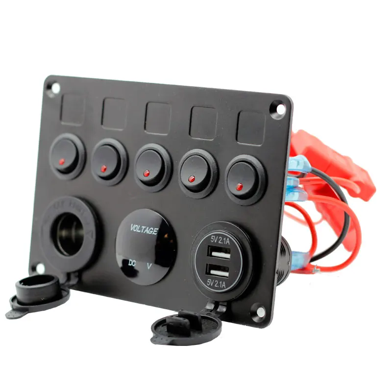 Boat Marine Rocker Switch Panel 5 Gang Waterproof ON Off Rocker Switches with Digital Voltage Display 3.1A Dual USB Power Charge